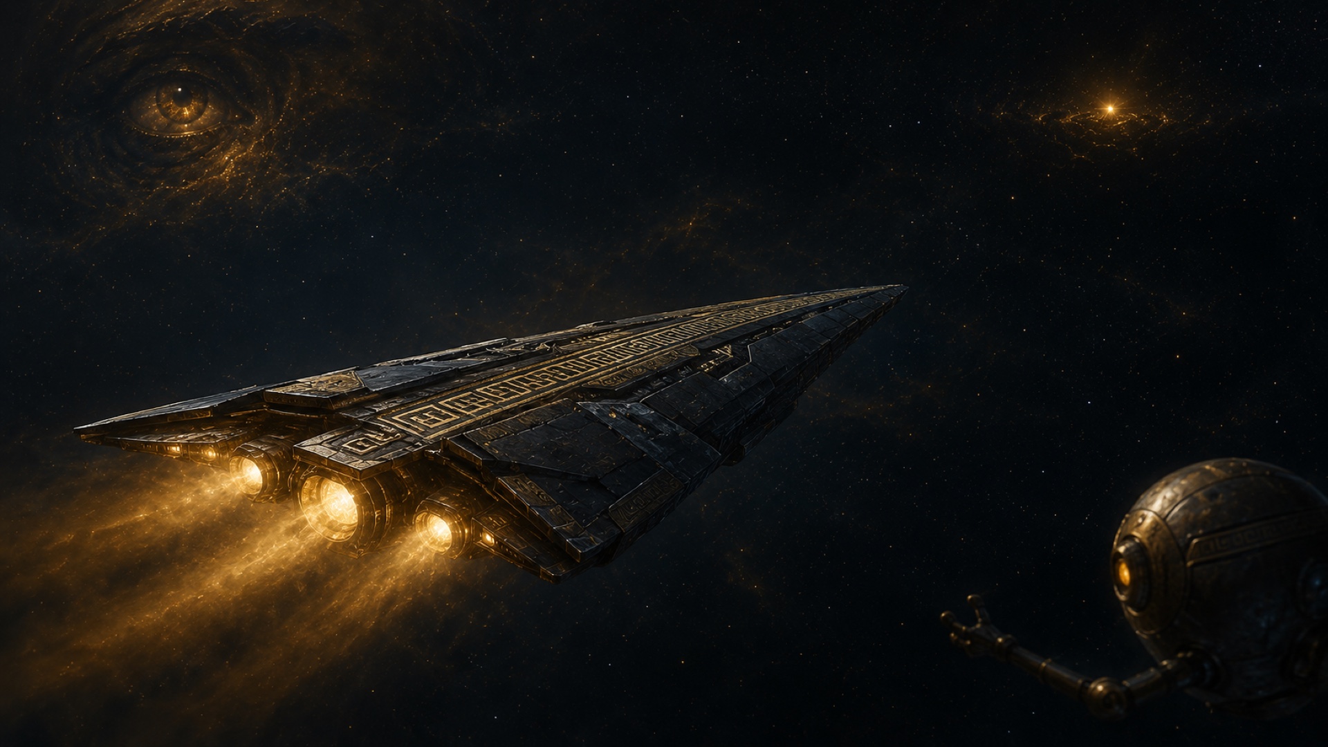 The Odyssey - a dark, gold-trimmed warship - crossing deep void space, with a distant god's eye watching from a gold dust nebula and the Echo companion drone in the lower right